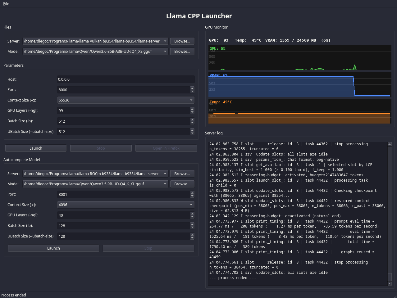 Captura de pantalla de Llama CPP Launcher mostrando la interfaz de gestión de modelos y servidores